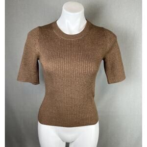 Poetry Brown Ribbed Short Sleeve Sweater Wool Organic Cotton Size 4 Small Fitted